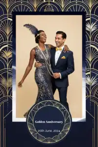 Variante format portrait 4x6, 1 photo et orientation portrait du design photobooth Navy Gold Art Deco Anniversary pour Miroir Magique