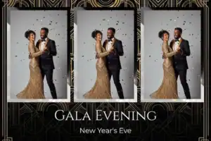 Variante format paysage 6x4, 3 photos et orientation portrait du design photobooth Art Deco Black Gold Gala pour Vivabox