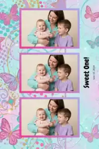 Variante format portrait 4x6, 3 photos et orientation paysage du design photobooth Polka Dot First Birthday pour Miroir Magique
