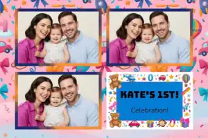 Variante format paysage 6x4, 3 photos et orientation paysage du design photobooth Colorful Toy Birthday Frame pour Vivabox