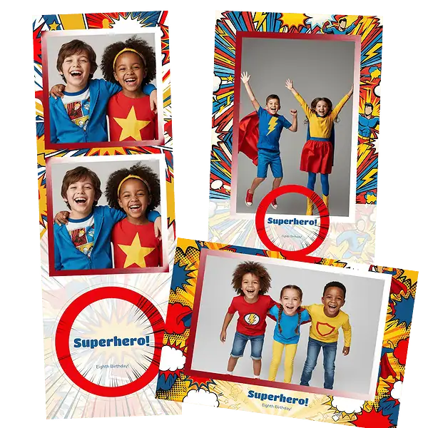 Design photobooth Blue Comic Book Birthday pour Vivabox et Miroir