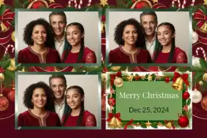 Variante format paysage 6x4, 3 photos et orientation paysage du design photobooth Red Green Ornament Christmas Booth pour Vivabox