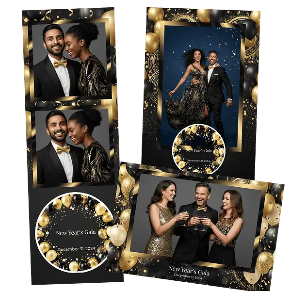 Design photobooth Glamorous Gold Balloons Gala pour Vivabox et Miroir