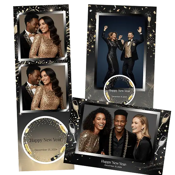 Design photobooth Glamorous Black Gold Celebration pour Vivabox et Miroir