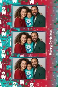 Variante format portrait 4x6, 3 photos et orientation paysage du design photobooth Blue Tropical Christmas Cartoon pour Miroir Magique