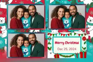 Variante format paysage 6x4, 3 photos et orientation paysage du design photobooth Blue Tropical Christmas Cartoon pour Vivabox