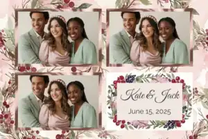Variante format paysage 6x4, 3 photos et orientation paysage du design photobooth Watercolor Berry Wreath pour Vivabox