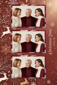 Variante format portrait 4x6, 3 photos et orientation paysage du design photobooth Red Wood Christmas Glitter pour Miroir Magique