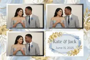 Variante format paysage 6x4, 3 photos et orientation paysage du design photobooth Blue Watercolor Gold Floral pour Vivabox