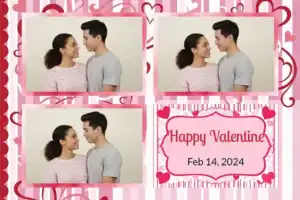 Variante format paysage 6x4, 3 photos et orientation paysage du design photobooth Pink Stripe Romance pour Vivabox