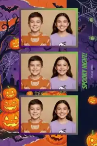Variante format portrait 4x6, 3 photos et orientation paysage du design photobooth Spooky Night Pumpkins pour Miroir Magique
