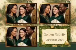 Variante format paysage 6x4, 3 photos et orientation paysage du design photobooth Golden Nativity Christmas Frame pour Vivabox