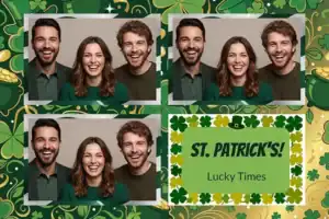 Variante format paysage 6x4, 3 photos et orientation paysage du design photobooth Saint Patricks Day Shamrocks pour Vivabox