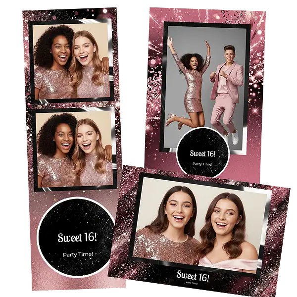 Design photobooth Glamorous Pink Sparkle Sweet 16 pour Vivabox et Miroir
