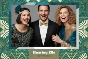 Variante format paysage 6x4, 1 photo et orientation paysage du design photobooth Teal Gold Gatsby Art Deco pour Vivabox
