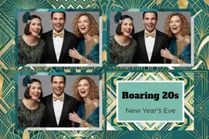 Variante format paysage 6x4, 3 photos et orientation paysage du design photobooth Teal Gold Gatsby Art Deco pour Vivabox