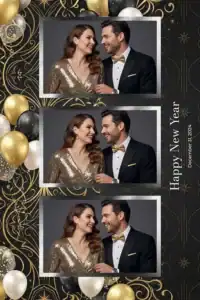 Variante format portrait 4x6, 3 photos et orientation paysage du design photobooth Gold Glitter New Years Eve pour Miroir Magique