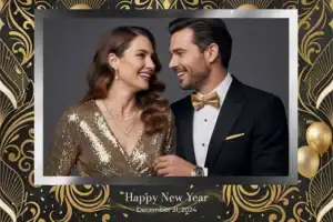 Variante format paysage 6x4, 1 photo et orientation paysage du design photobooth Gold Glitter New Years Eve pour Vivabox