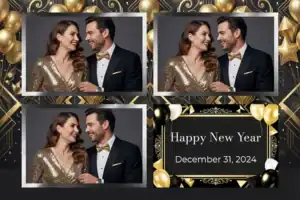 Variante format paysage 6x4, 3 photos et orientation paysage du design photobooth Gold Glitter New Years Eve pour Vivabox