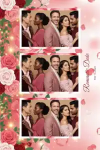 Variante format portrait 4x6, 3 photos et orientation paysage du design photobooth Romantic Rose Party pour Miroir Magique