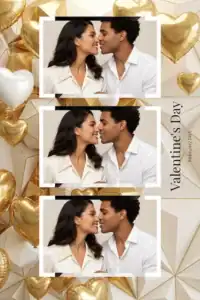 Variante format portrait 4x6, 3 photos et orientation paysage du design photobooth White Geometric Gold Hearts pour Miroir Magique