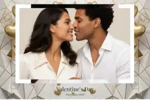 Variante format paysage 6x4, 1 photo et orientation paysage du design photobooth White Geometric Gold Hearts pour Vivabox