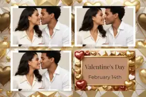 Variante format paysage 6x4, 3 photos et orientation paysage du design photobooth White Geometric Gold Hearts pour Vivabox