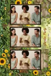 Variante format portrait 4x6, 3 photos et orientation paysage du design photobooth Green Floral Wood Birthday pour Miroir Magique