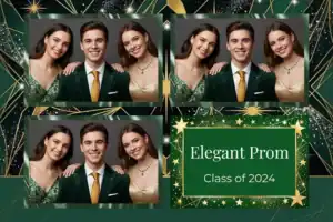 Variante format paysage 6x4, 3 photos et orientation paysage du design photobooth Gold Glitter Prom Night pour Vivabox