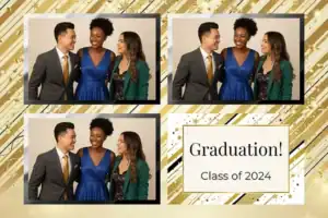 Variante format paysage 6x4, 3 photos et orientation paysage du design photobooth Gold Confetti Graduation Polaroid pour Vivabox