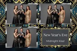 Variante format paysage 6x4, 3 photos et orientation paysage du design photobooth Gold Glitter New Years pour Vivabox
