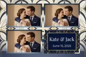 Variante format paysage 6x4, 3 photos et orientation paysage du design photobooth Gold Rings Wedding Confetti pour Vivabox