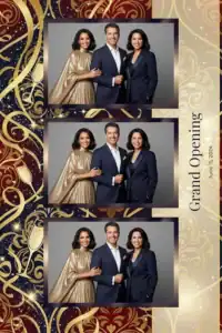 Variante format portrait 4x6, 3 photos et orientation paysage du design photobooth Gold Confetti Grand Opening pour Miroir Magique