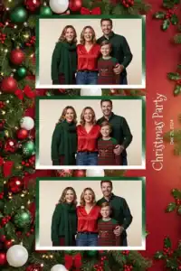Variante format portrait 4x6, 3 photos et orientation paysage du design photobooth Green Holly Christmas Garland pour Miroir Magique