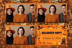 Variante format paysage 6x4, 3 photos et orientation paysage du design photobooth Orange Halloween Illustration Template pour Vivabox