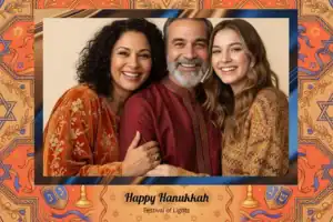 Variante format paysage 6x4, 1 photo et orientation paysage du design photobooth Blue Glitter Hanukkah Menorah pour Vivabox