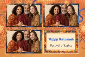 Variante format paysage 6x4, 3 photos et orientation paysage du design photobooth Blue Glitter Hanukkah Menorah pour Vivabox