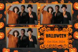 Variante format paysage 6x4, 3 photos et orientation paysage du design photobooth Orange Black Halloween Balloons pour Vivabox