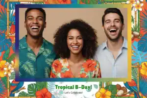 Variante format paysage 6x4, 1 photo et orientation paysage du design photobooth Tropical Palm Birthday Photo Booth pour Vivabox