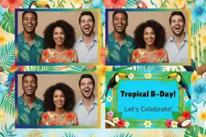 Variante format paysage 6x4, 3 photos et orientation paysage du design photobooth Tropical Palm Birthday Photo Booth pour Vivabox