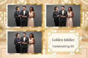 Variante format paysage 6x4, 3 photos et orientation paysage du design photobooth Gold Hexagon Confetti Party pour Vivabox