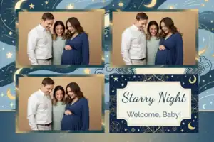 Variante format paysage 6x4, 3 photos et orientation paysage du design photobooth Blue Stars Baby Shower pour Vivabox