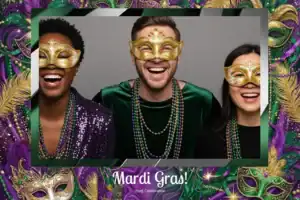Variante format paysage 6x4, 1 photo et orientation paysage du design photobooth Green Gold Mardi Gras Sparkles pour Vivabox