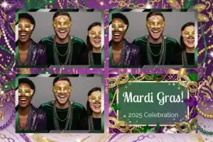 Variante format paysage 6x4, 3 photos et orientation paysage du design photobooth Green Gold Mardi Gras Sparkles pour Vivabox