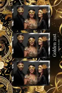 Variante format portrait 4x6, 3 photos et orientation paysage du design photobooth Gold Masks Birthday Balloons pour Miroir Magique