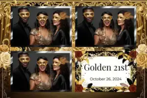 Variante format paysage 6x4, 3 photos et orientation paysage du design photobooth Gold Masks Birthday Balloons pour Vivabox