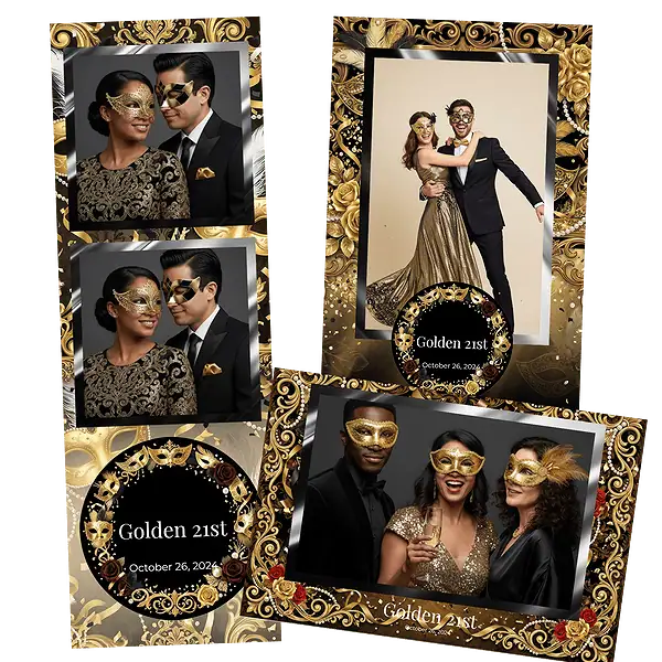 Design photobooth Gold Masks Birthday Balloons pour Vivabox et Miroir