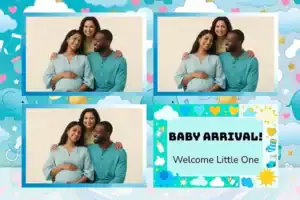 Variante format paysage 6x4, 3 photos et orientation paysage du design photobooth Blue Baby Elephant Shower pour Vivabox