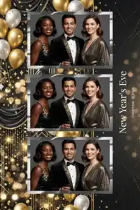 Variante format portrait 4x6, 3 photos et orientation paysage du design photobooth Gold Confetti New Years Eve pour Miroir Magique