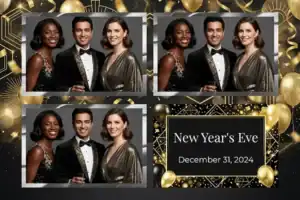 Variante format paysage 6x4, 3 photos et orientation paysage du design photobooth Gold Confetti New Years Eve pour Vivabox